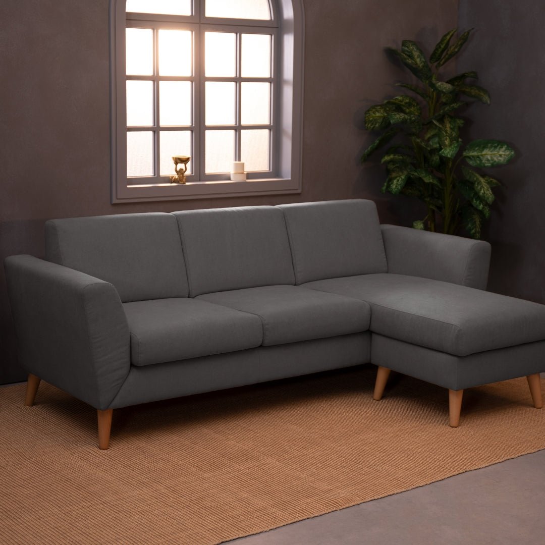 Sofá de 3 lugares com chaise longue reversível e pés vintage – Angel