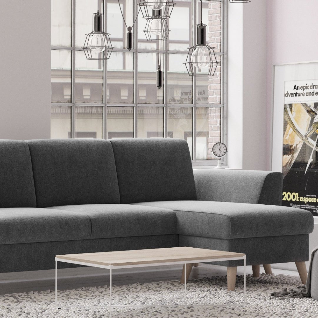 Sofá de 3 lugares com chaise longue reversível e pés vintage – Angel