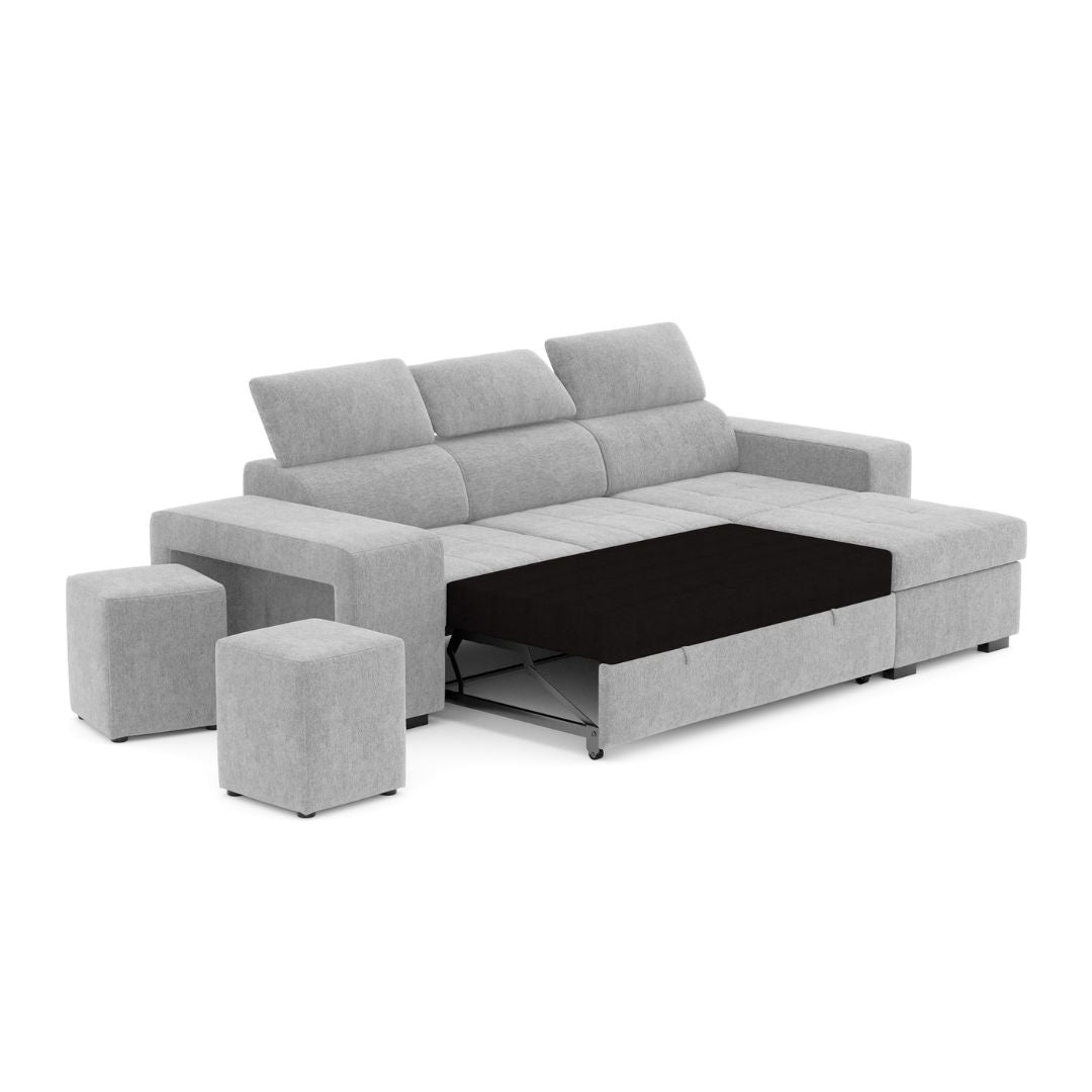 4 Seater Sofa Bed with Chaise Longue and Adjustable Headboards + 2 poufs -  John