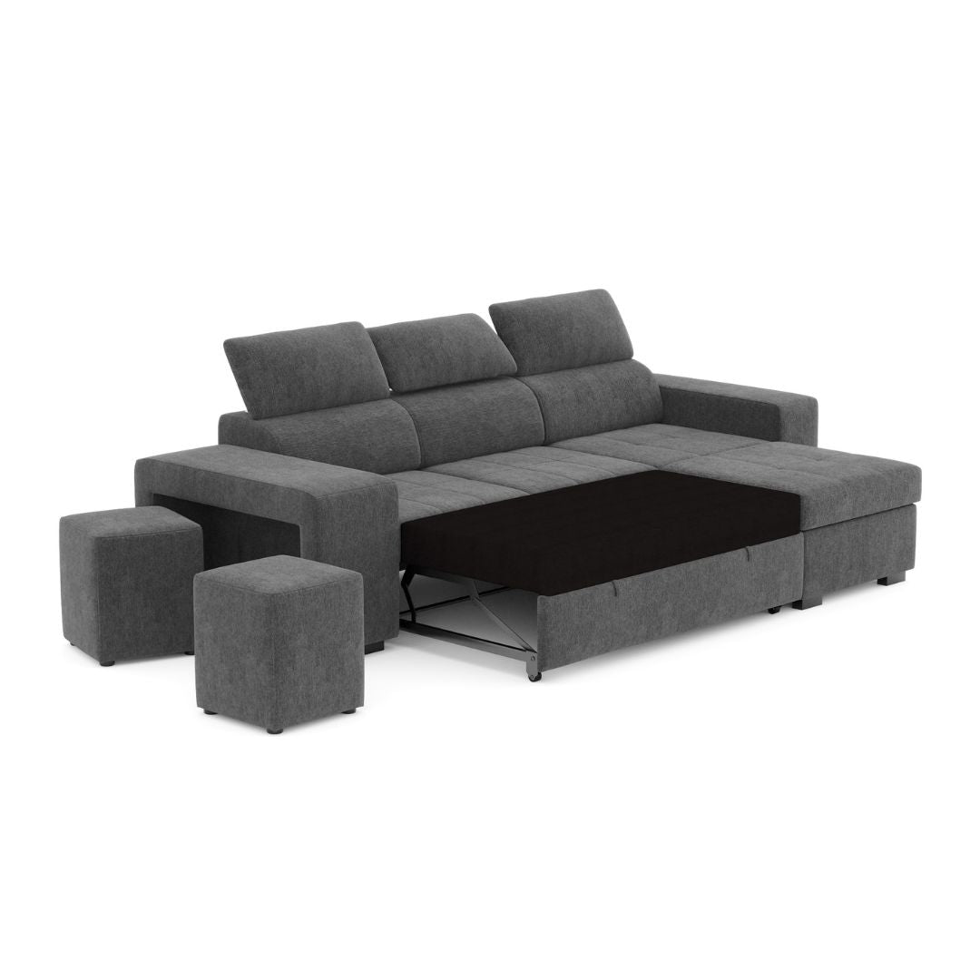 4 Seater Sofa Bed with Chaise Longue and Adjustable Headboards + 2 poufs -  John