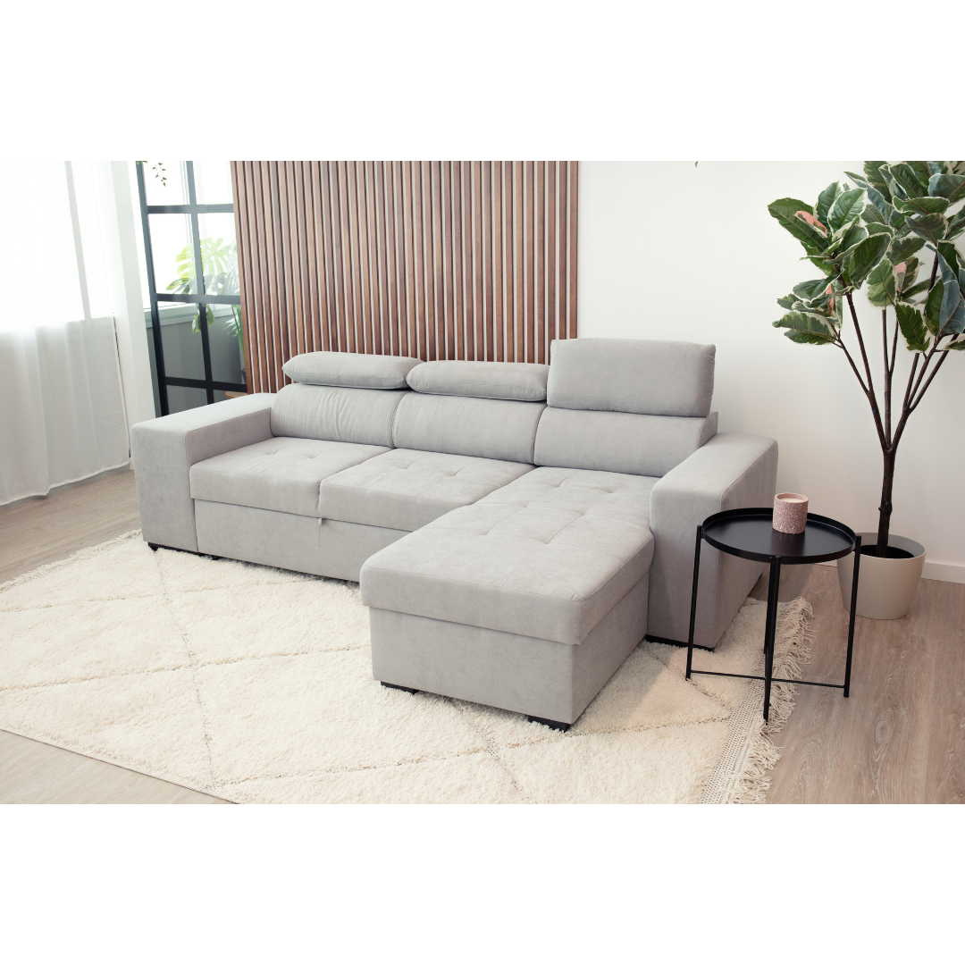 4 Seater Sofa Bed with Chaise Longue and Adjustable Headboards + 2 poufs -  John