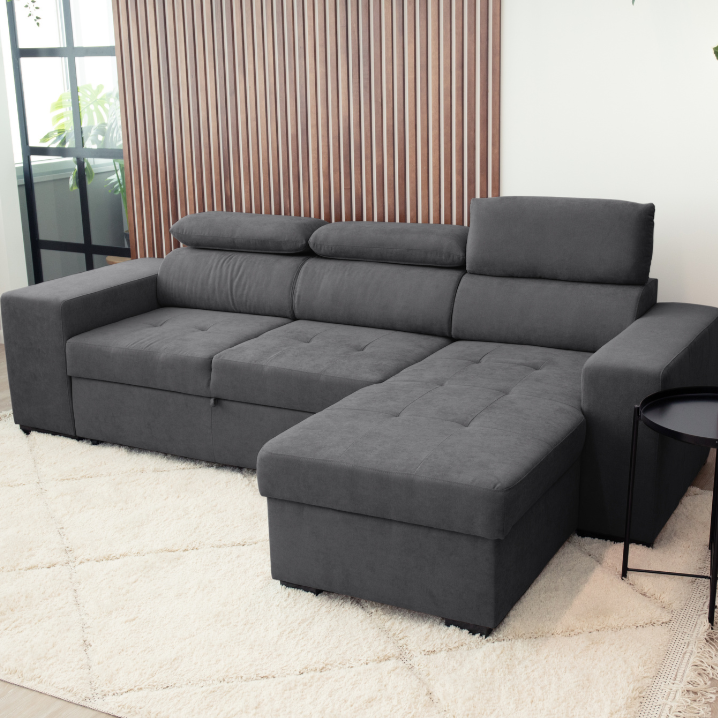 4 Seater Sofa Bed with Chaise Longue and Adjustable Headboards + 2 poufs -  John