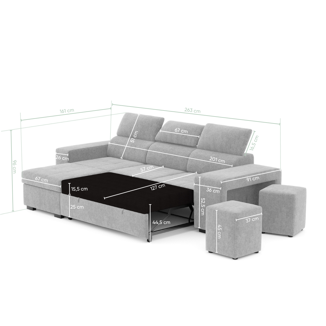 3 Seater Divano Letto con Chaise Longue e Headboards regolabili