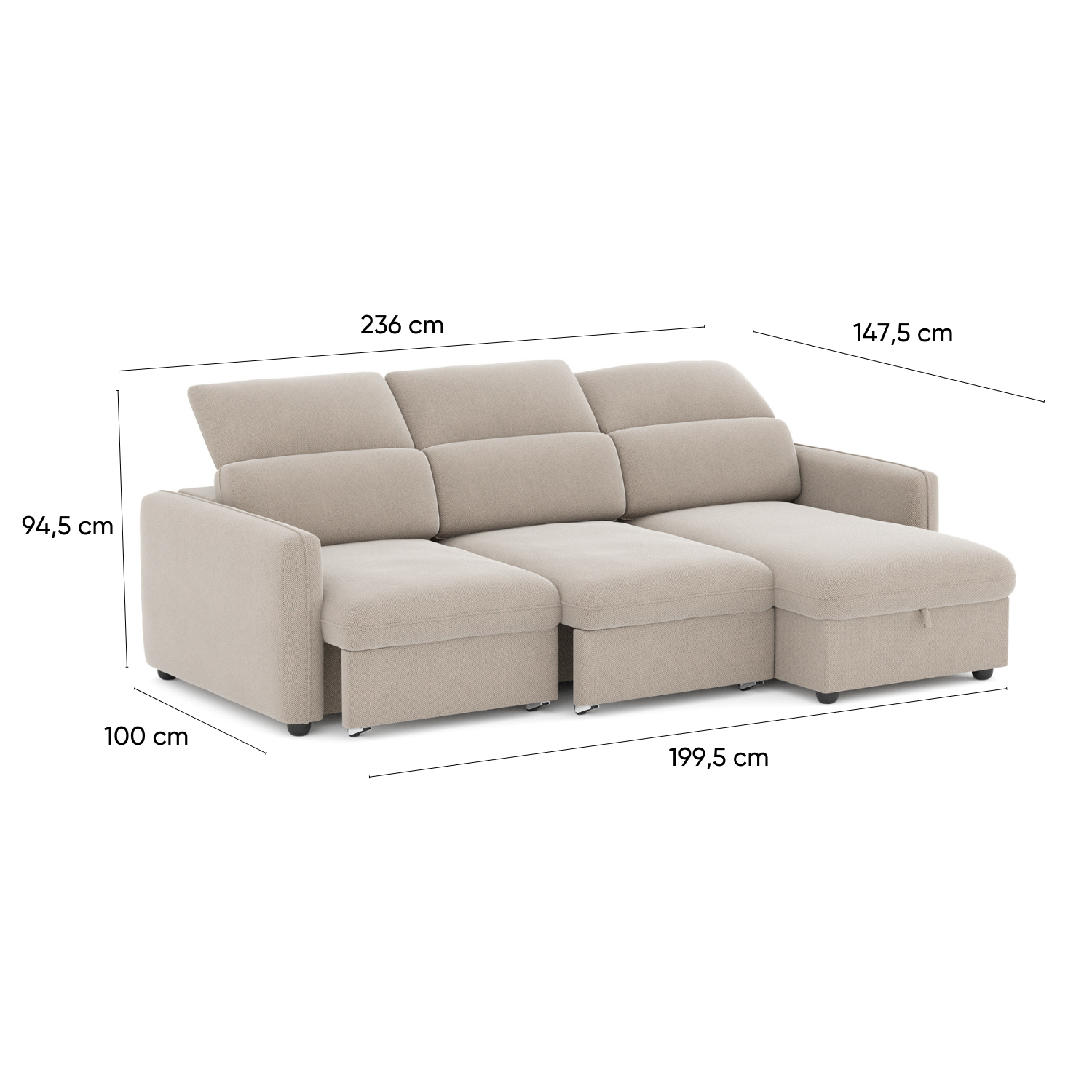 Sofá cama de 3 lugares com chaise longue e cabeceiras ajustáveis ​​- Morgan