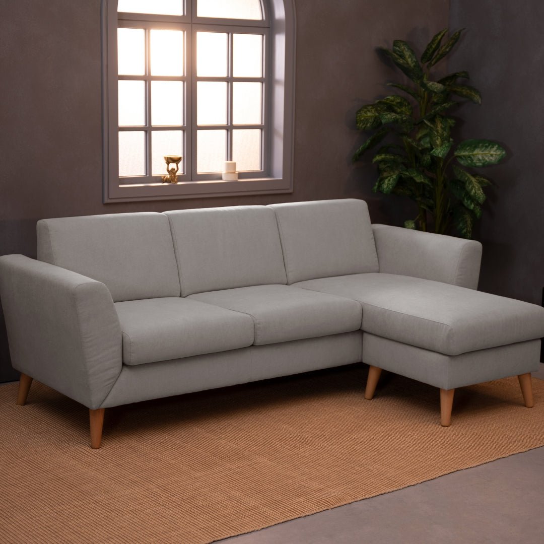 Sofá de 3 lugares com chaise longue reversível e pés vintage – Angel