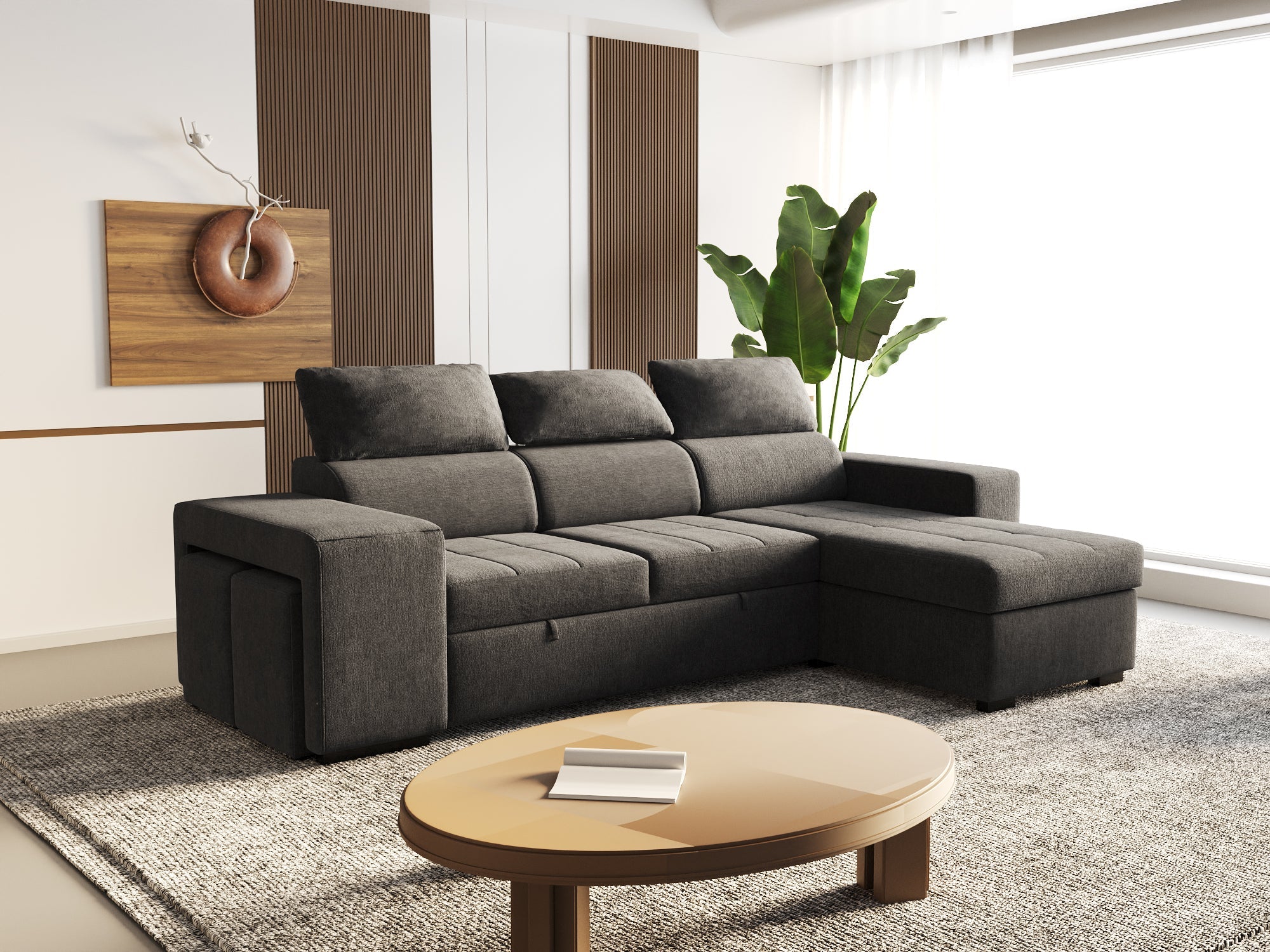 3-Sitzer-Schlafsofa mit Chaiselongue und verstellbaren Kopfteilen