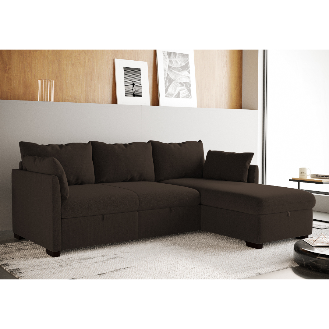 Divano letto 3 posti con chaise longue e contenitore