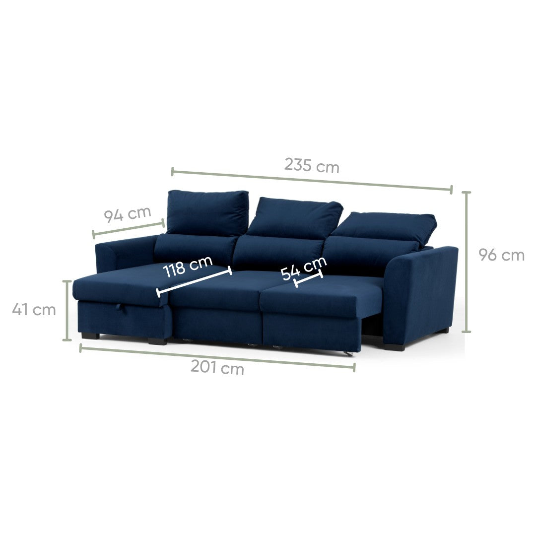 3 Seater Sofa Bed with Chaise Longue and Reclining Backrest - Oliver