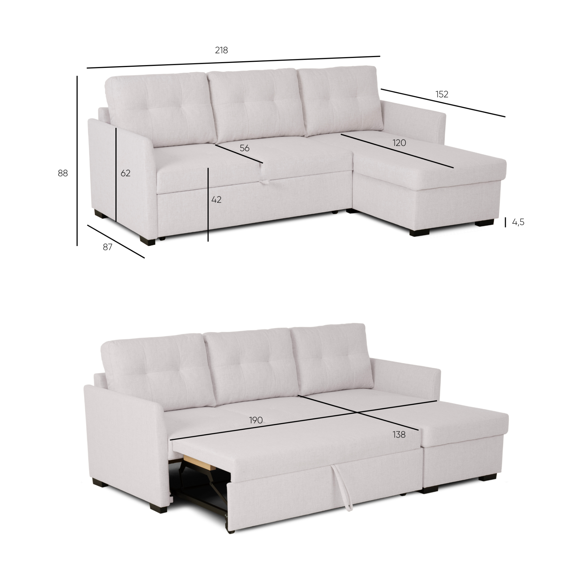 Sofá-cama 3 Lugares com chaise longue - Enzo