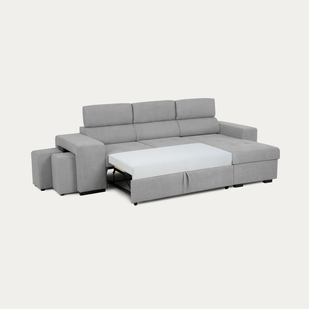 Sofá-cama de 4 lugares com chaise longue reversível, cabeceiras ajustáveis e 2 pufes – John