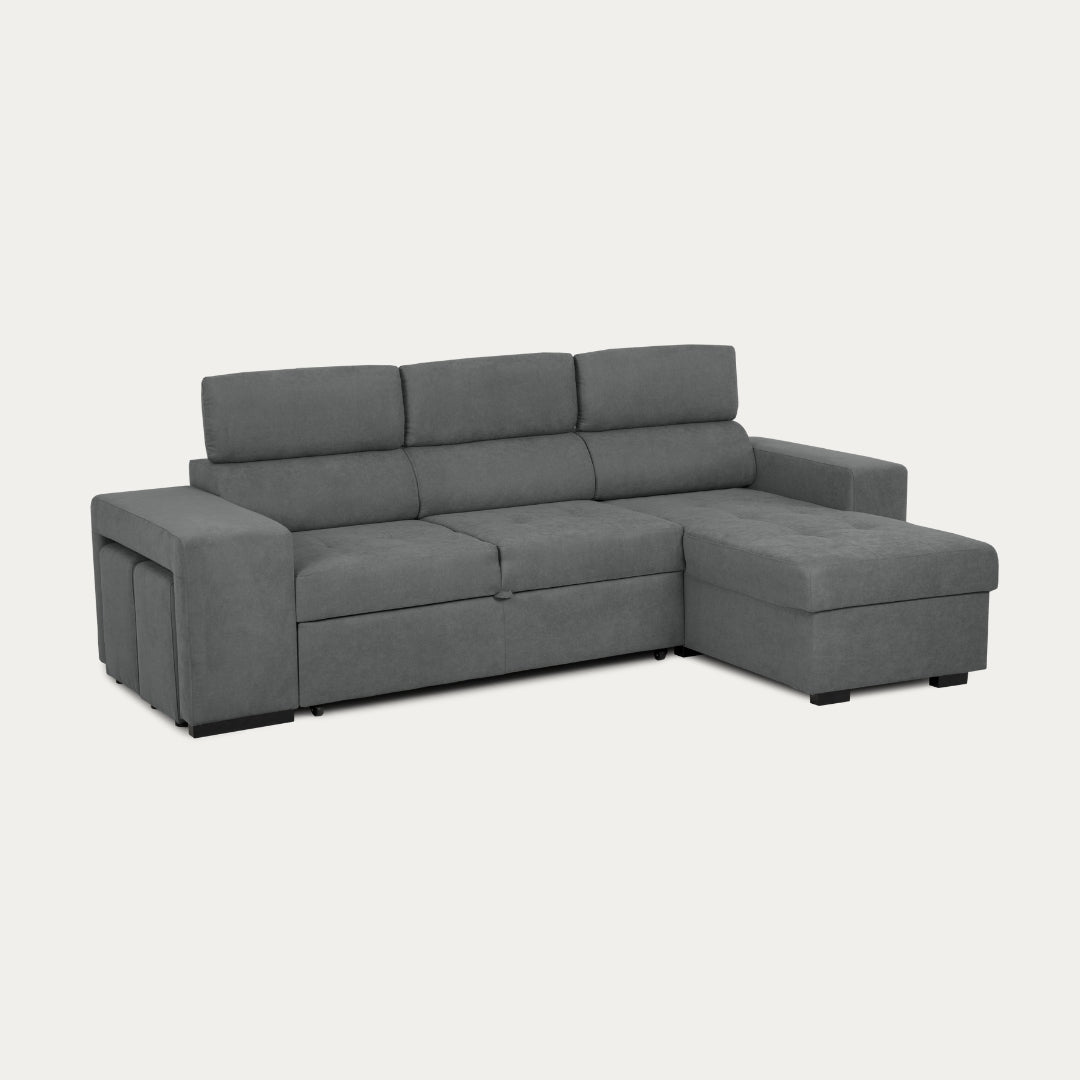 4 Seater Sofa Bed with Chaise Longue and Adjustable Headboards + 2 poufs -  John