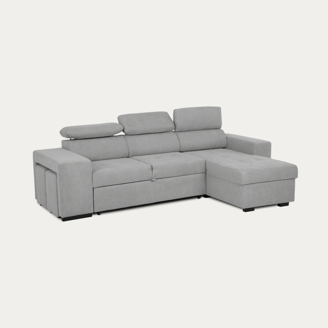 4 Seater Sofa Bed with Chaise Longue and Adjustable Headboards + 2 poufs -  John