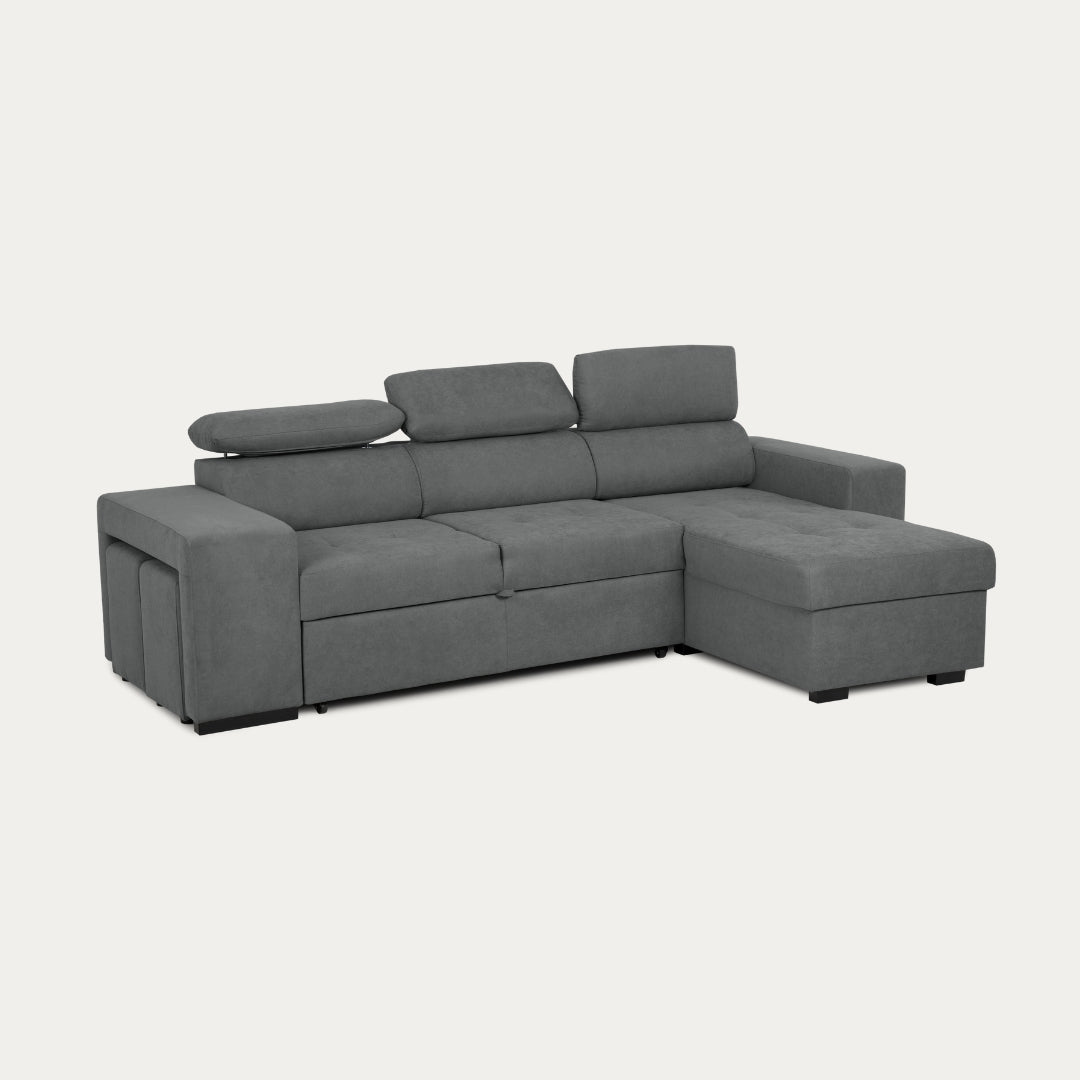 4 Seater Sofa Bed with Chaise Longue and Adjustable Headboards + 2 poufs -  John