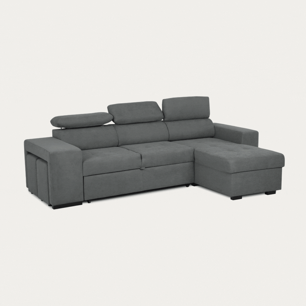 Schlafsofa für 4 Personen mit umkehrbarer Chaiselongue, verstellbaren Kopfstützen und 2 Hockern – John