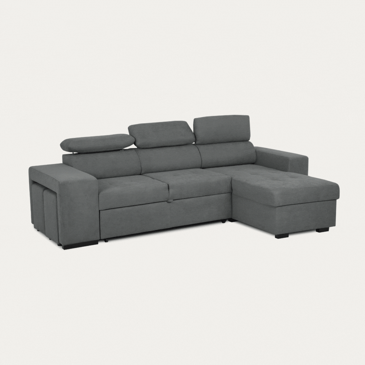 Sofá-cama de 4 lugares com chaise longue reversível, cabeceiras ajustáveis e 2 pufes – John