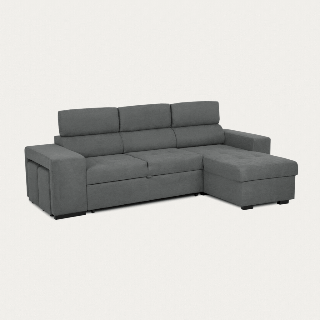Sofá-cama de 4 lugares com chaise longue reversível, cabeceiras ajustáveis e 2 pufes – John
