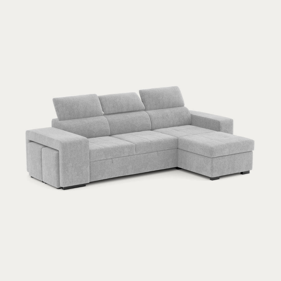 4 Seater Sofa Bed with Chaise Longue and Adjustable Headboards + 2 poufs -  John