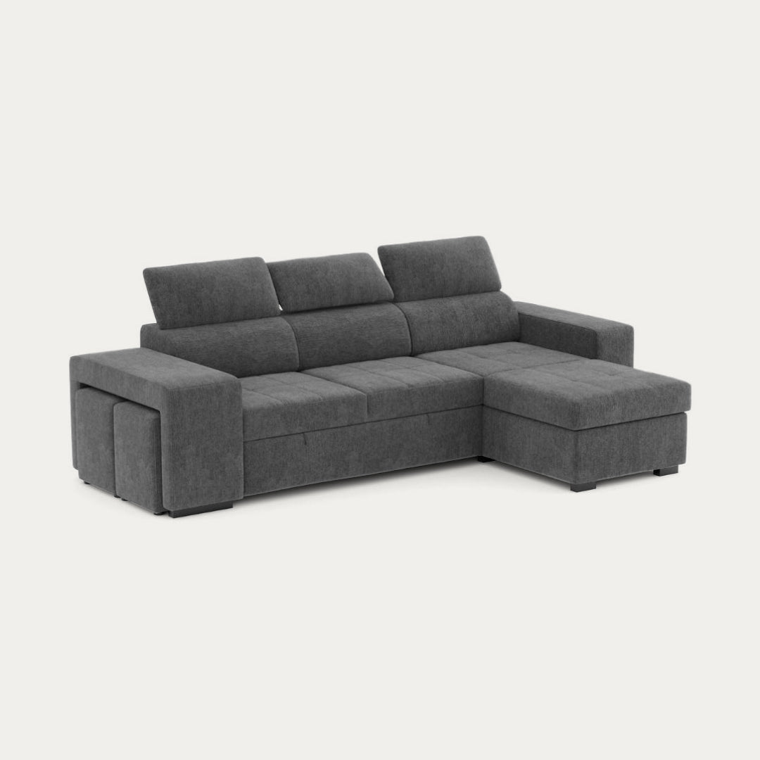 4 Seater Sofa Bed with Chaise Longue and Adjustable Headboards + 2 poufs -  John