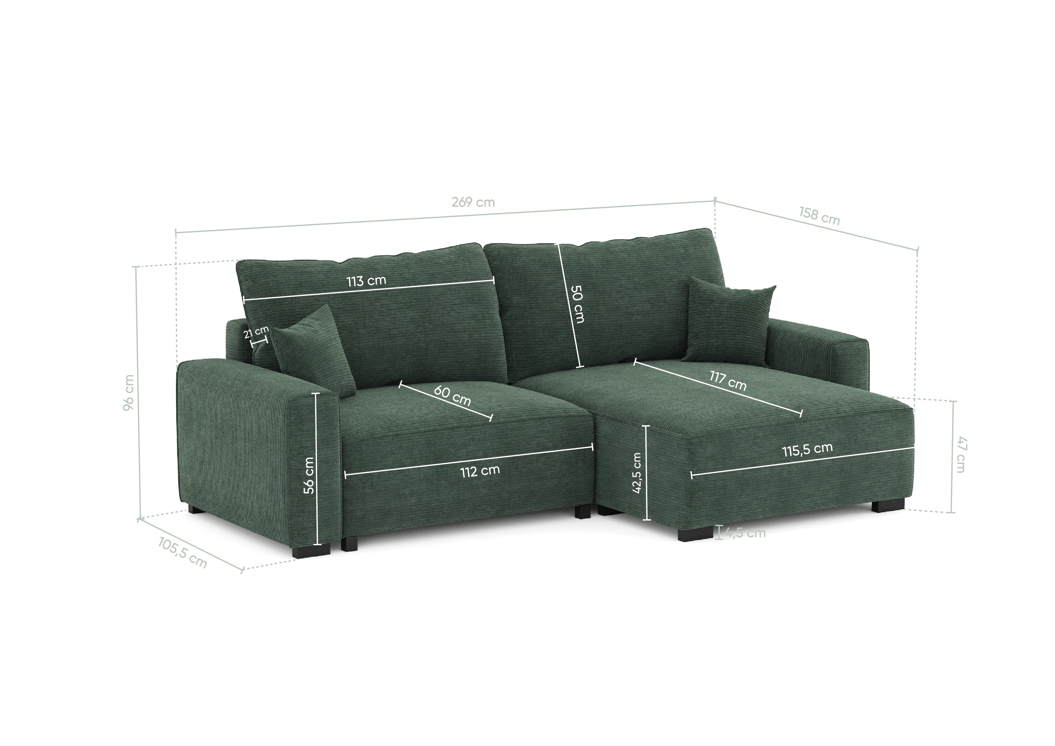 4 Seater Sofa Bed with Chaise Longue - Lauren