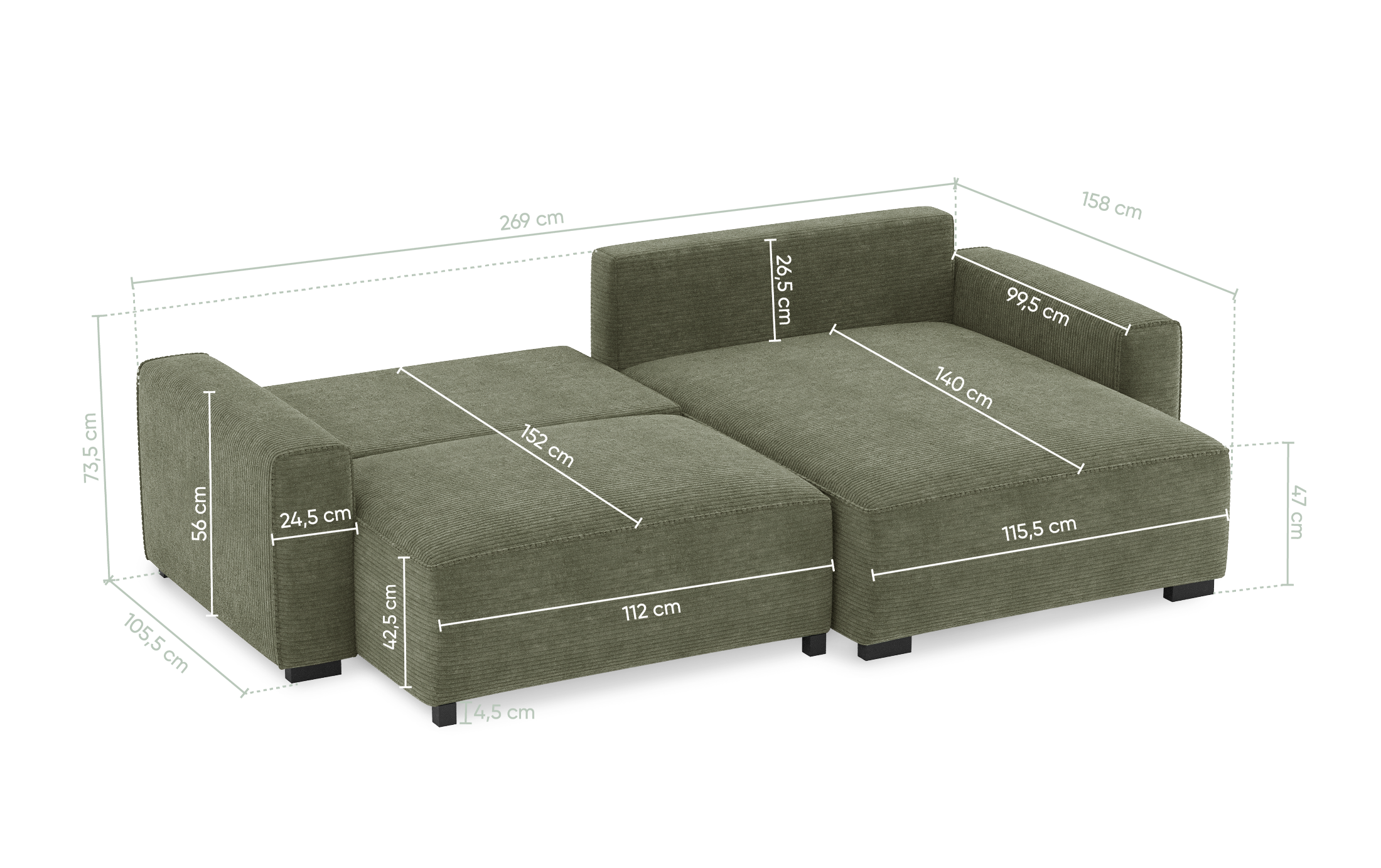 4 Seater Sofa Bed with Chaise Longue - Lauren