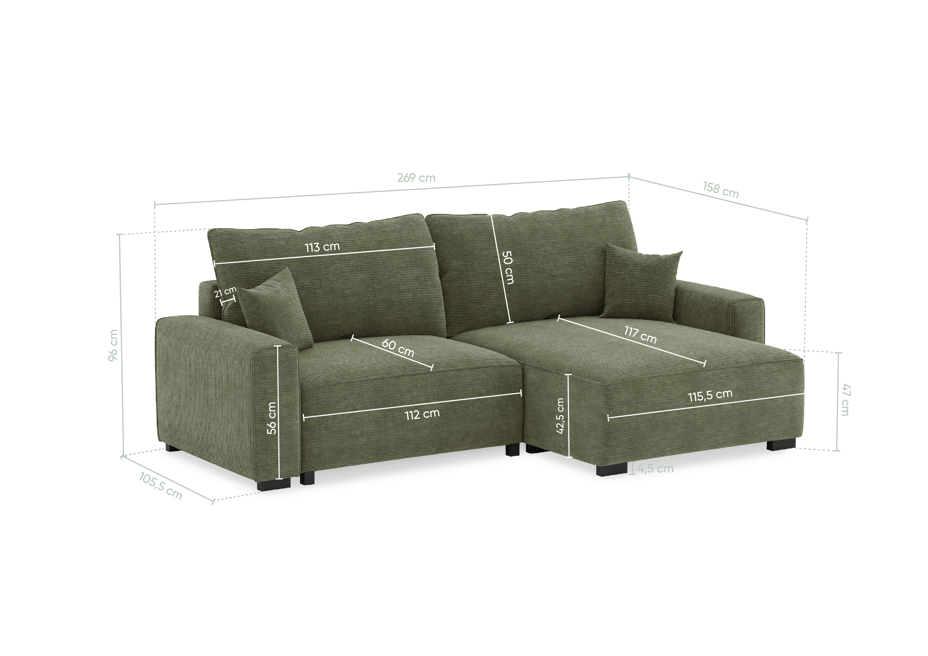 4 Seater Sofa Bed with Chaise Longue - Lauren