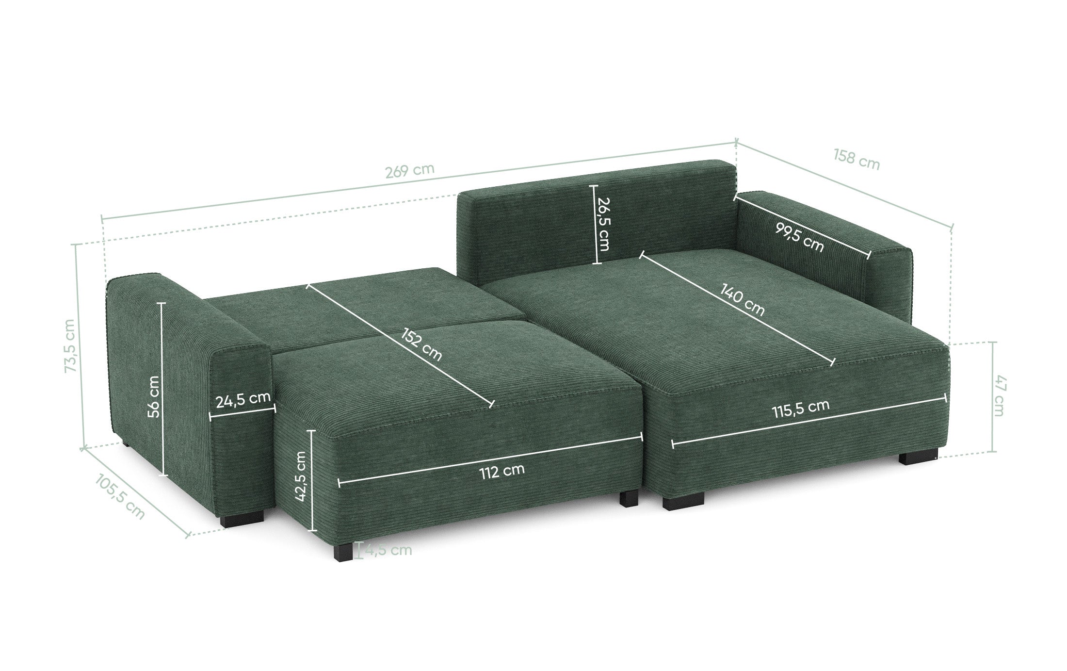 4 Seater Sofa Bed with Chaise Longue - Lauren