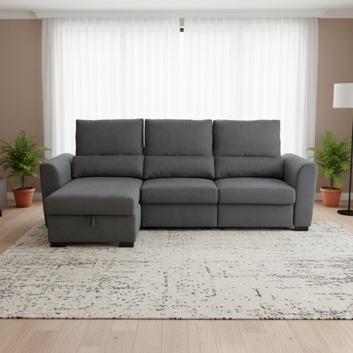 Sofá-Cama 3 Lugares com Chaise Longue Reversível e Encosto Reclinável - Oliver