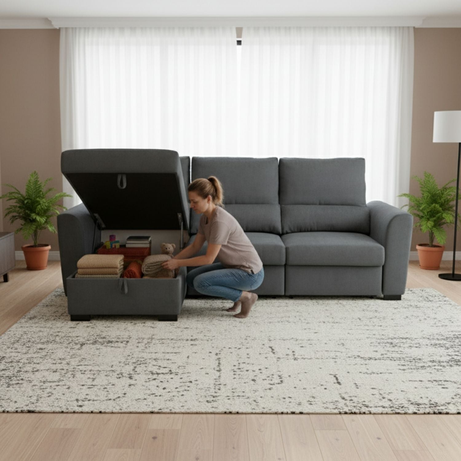 Sofá-Cama 3 Lugares com Chaise Longue Reversível e Encosto Reclinável - Oliver