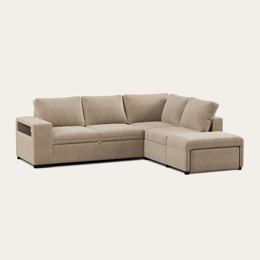 Sofá-cama de canto de 4 lugares com puff e arrumação extra – Zurie