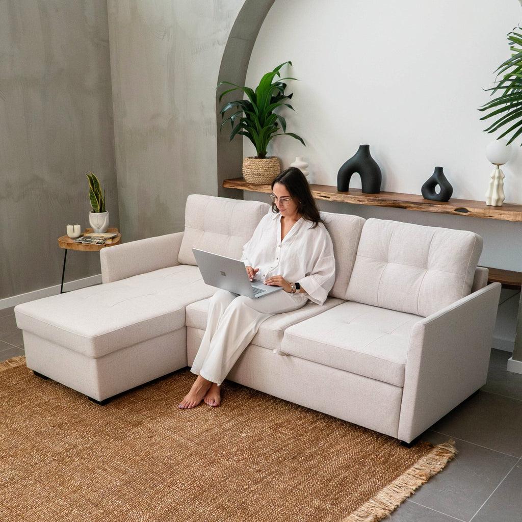 Sofá cama Enzo com chaise reversível | Bege e cinza | BUDWING – Budwing