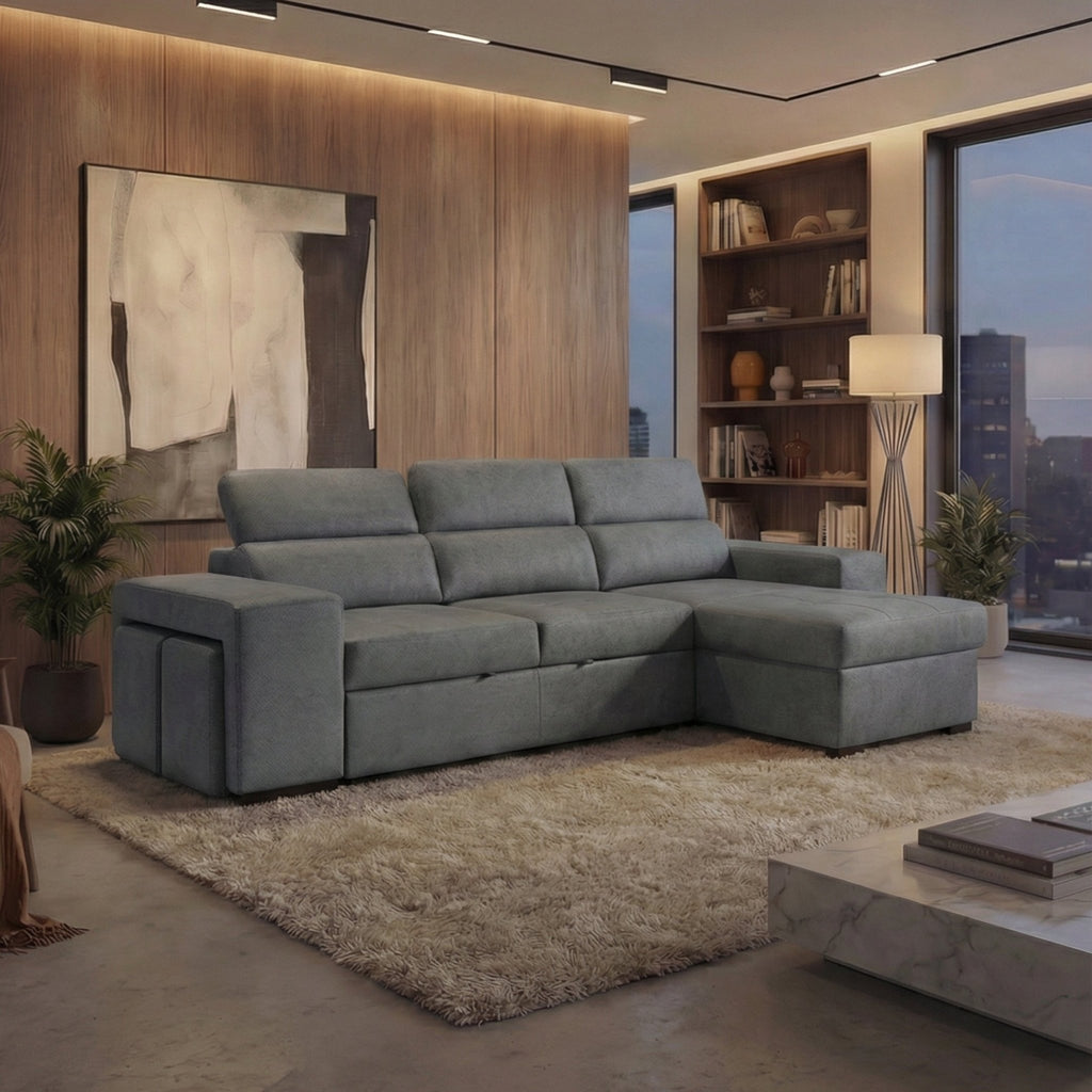 Sofá - cama de 4 lugares com chaise longue reversível, cabeceiras ajustáveis e 2 pufes – JohnSofáBudwing