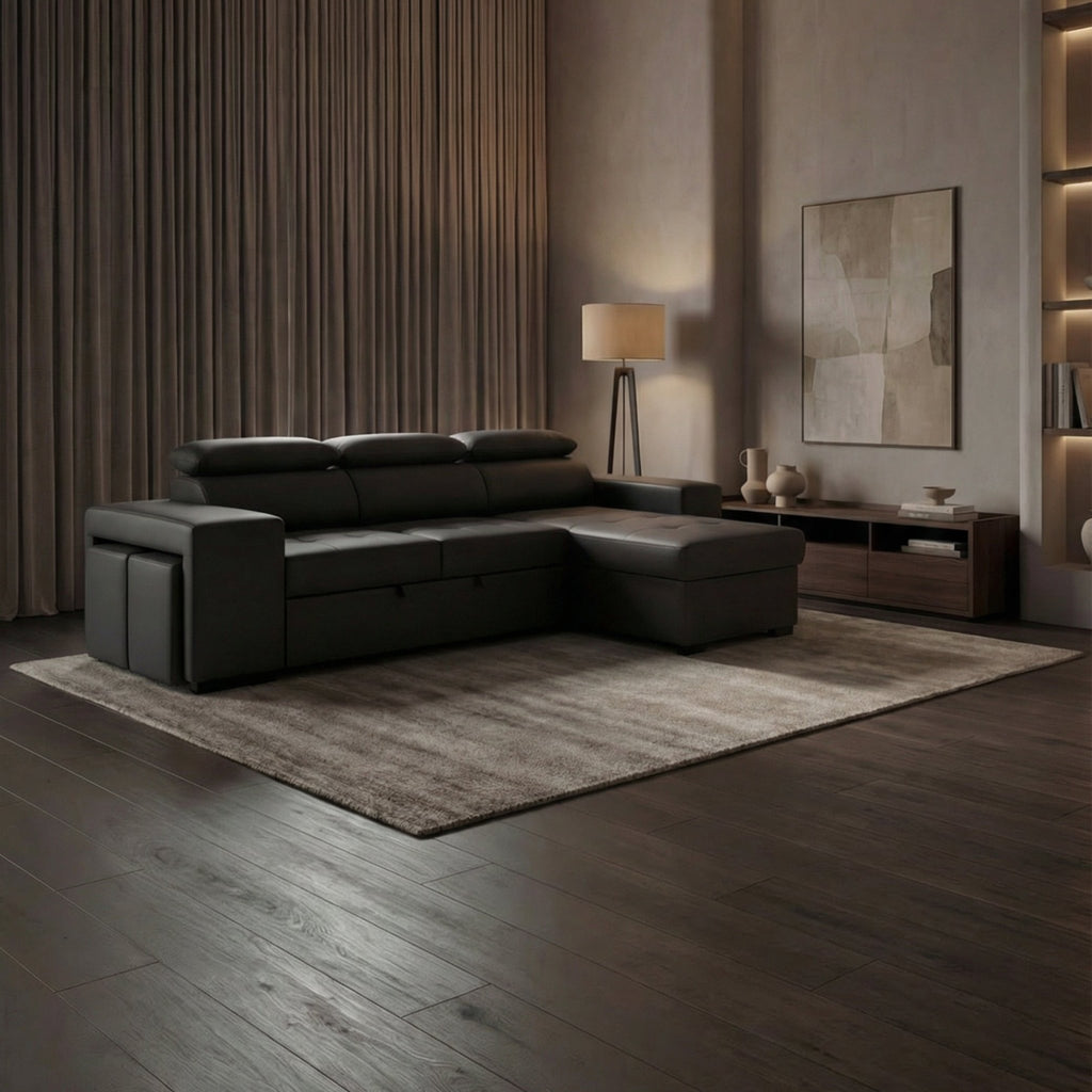 Sofá - cama de 4 lugares com chaise longue reversível, cabeceiras ajustáveis e 2 pufes – JohnSofáBudwing