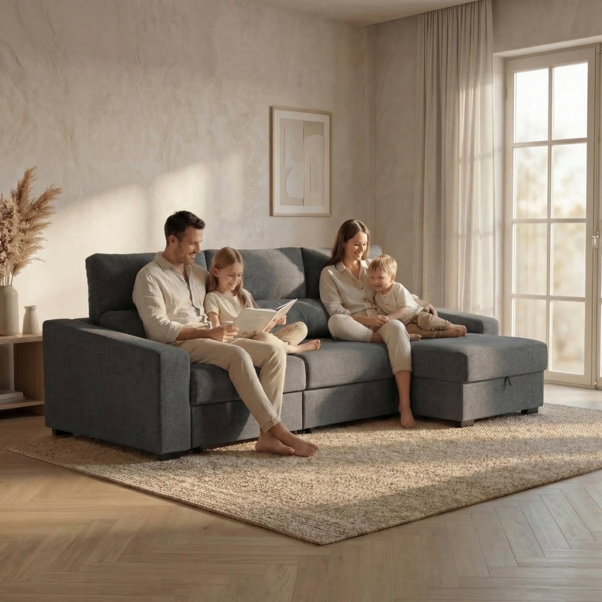 Sofá Cama de 4 Lugares com Chaise Longue Reversível - LukeBudwing