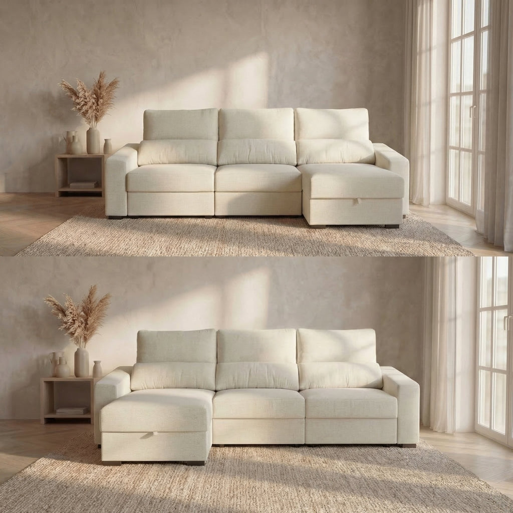 Sofá Cama de 4 Lugares com Chaise Longue Reversível - LukeBudwing