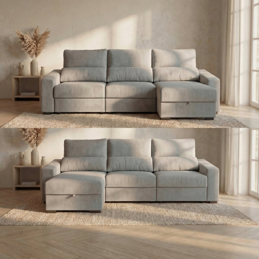 Sofá Cama de 4 Lugares com Chaise Longue Reversível - LukeBudwing