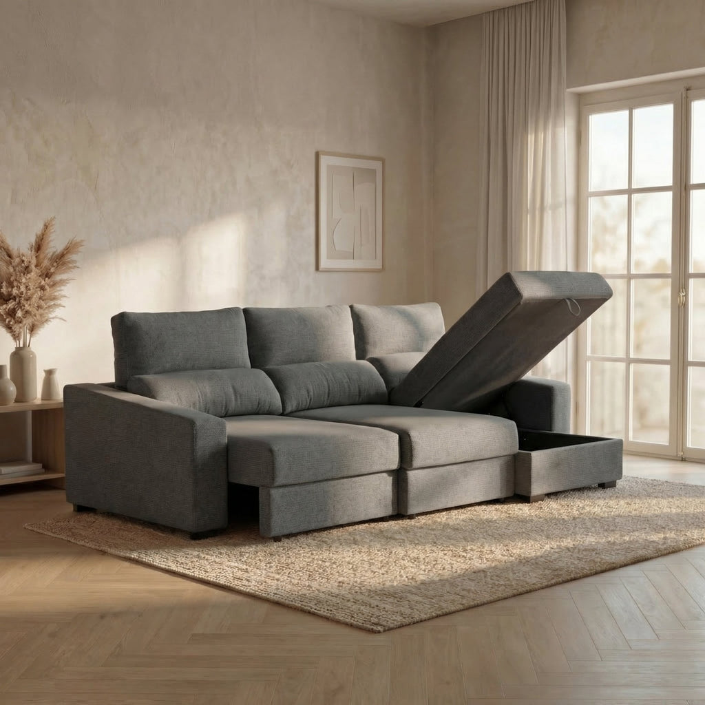 Sofá Cama de 4 Lugares com Chaise Longue Reversível - LukeBudwing