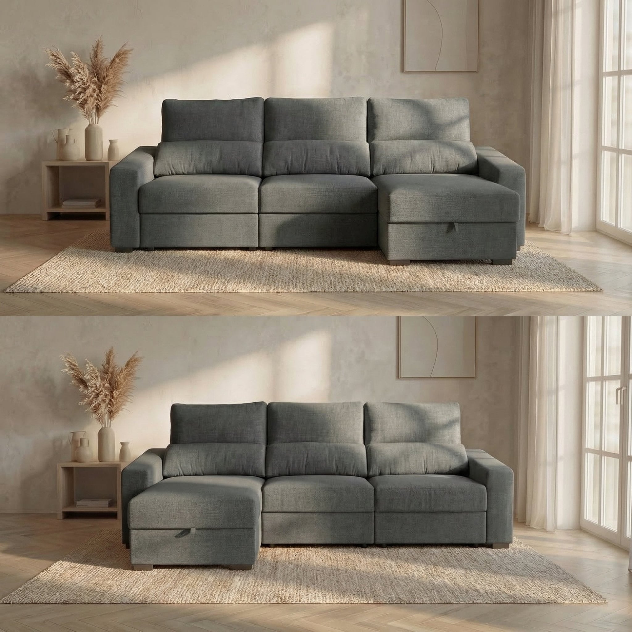 Sofá Cama de 4 Lugares com Chaise Longue Reversível - LukeBudwing