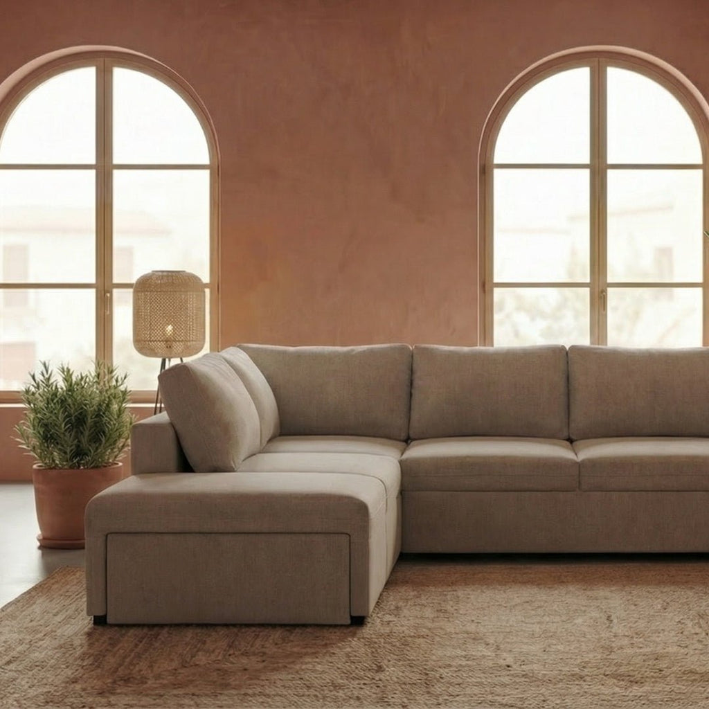 Sofá - cama de canto de 4 lugares com puff e arrumação extra – ZurieSofáBudwing