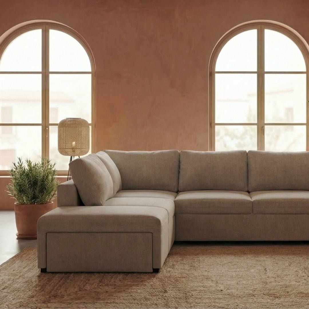 Sofá - cama de canto de 4 lugares com puff e arrumação extra – ZurieSofáBudwing