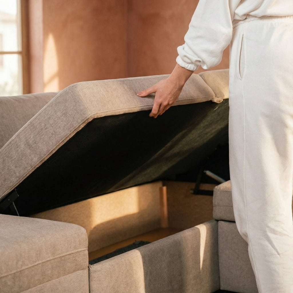 Sofá - cama de canto de 4 lugares com puff e arrumação extra – ZurieSofáBudwing