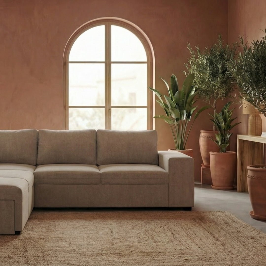 Sofá - cama de canto de 4 lugares com puff e arrumação extra – ZurieSofáBudwing