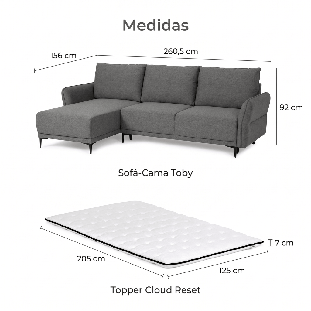 Sofá-cama TOBY Cloud com chaise longue reversível e topper incluídoBudwing